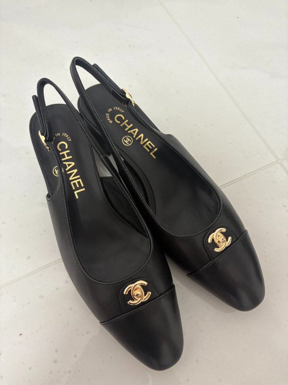 Chanel Black Leather CC Turnlock Slingback Flats